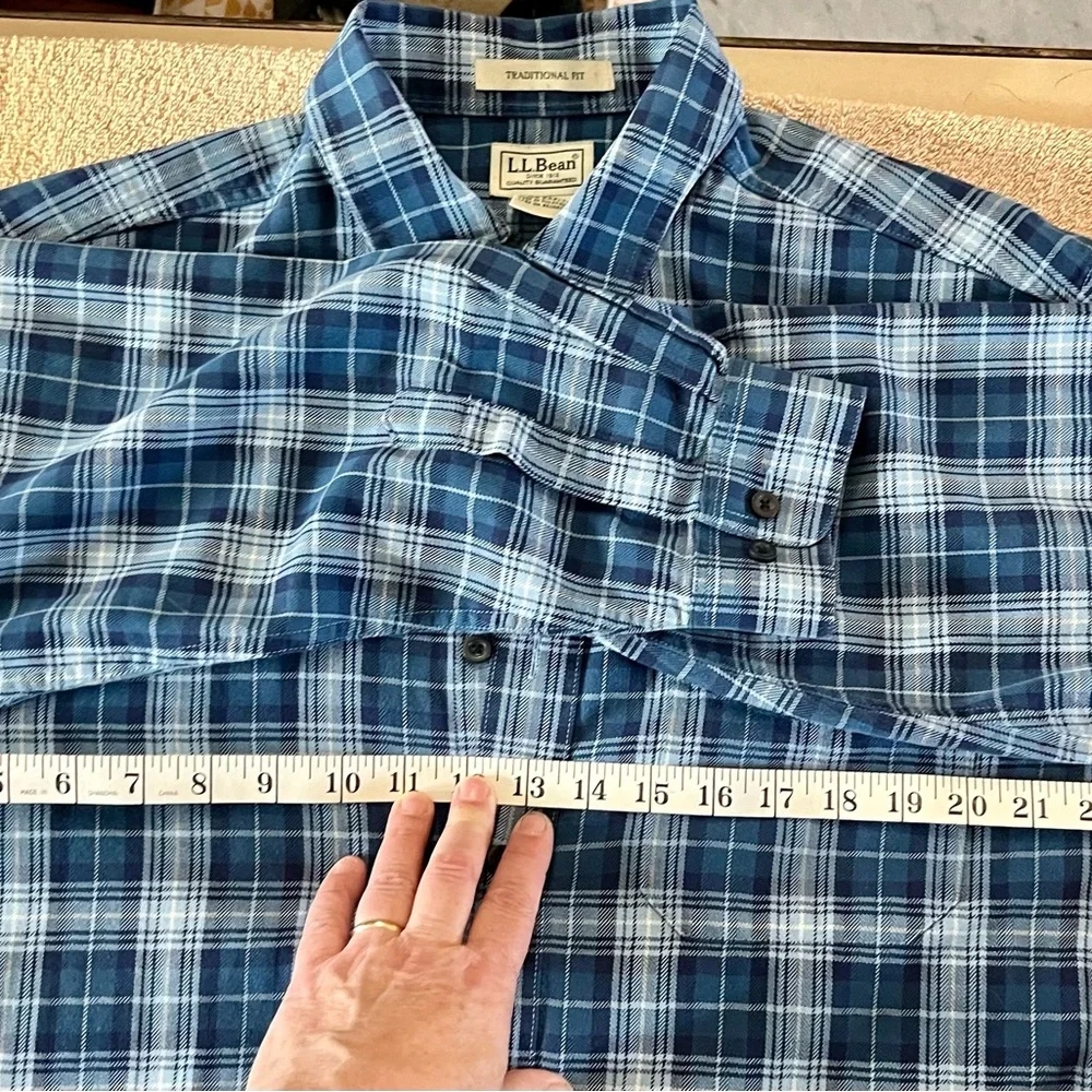 L.L. Bean Classic Blue White plaid‎ button down shirt Office Casual Large Tall